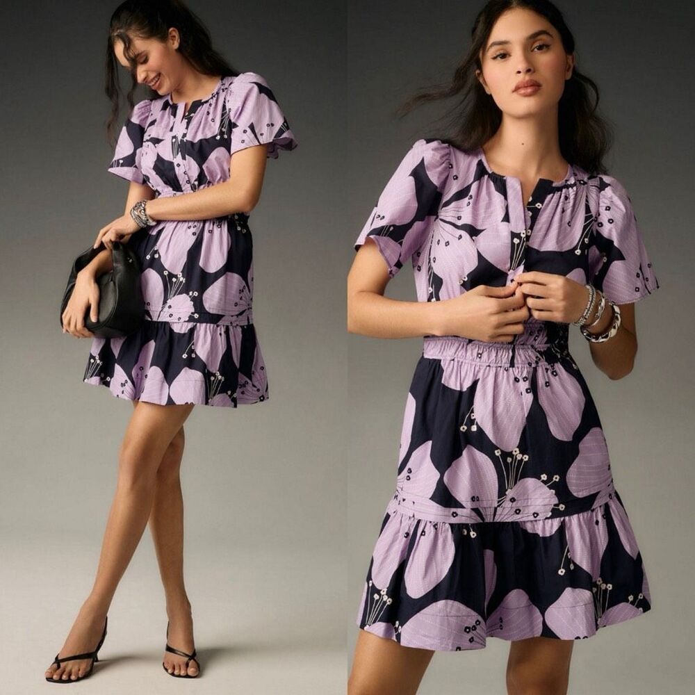 Anthropologie Lavender and Black Floral Mini Dress